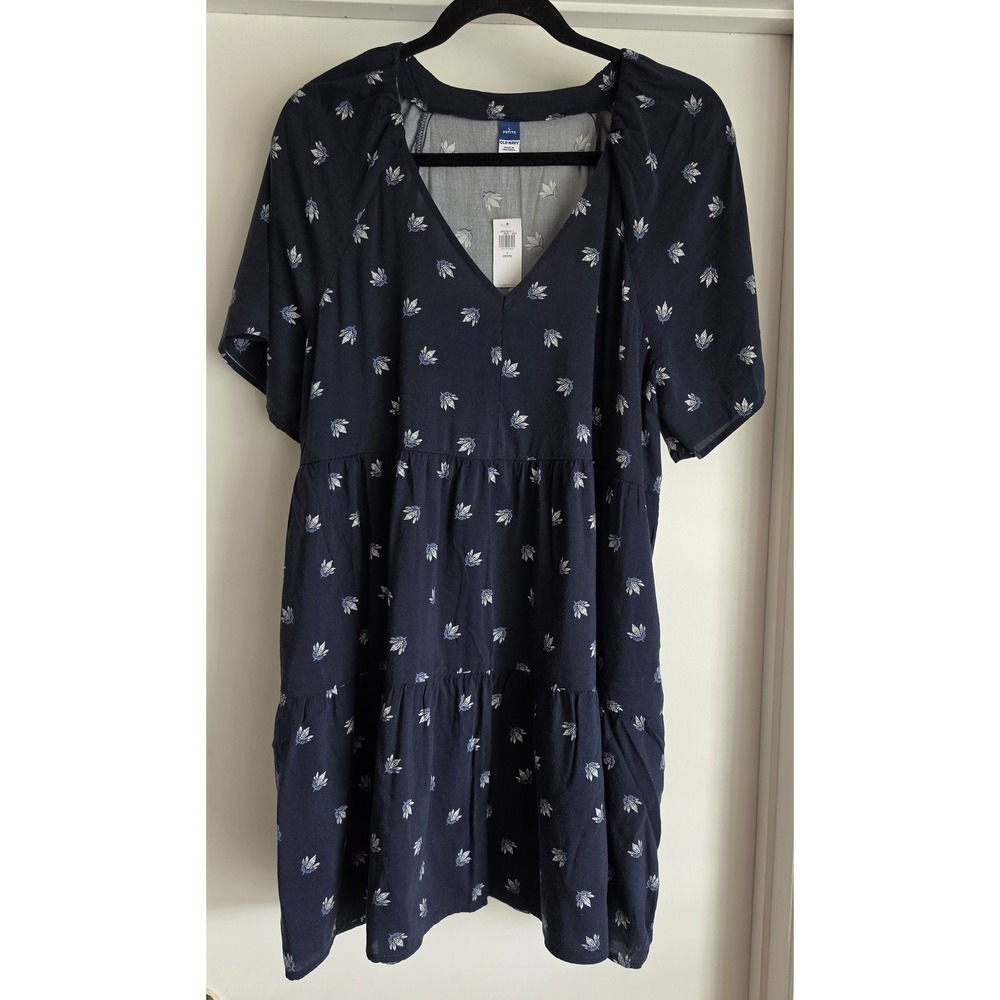 Old Navy Mini Dress Women L Petite Blue Leaf Print V-Neck Casual Sundress NWT